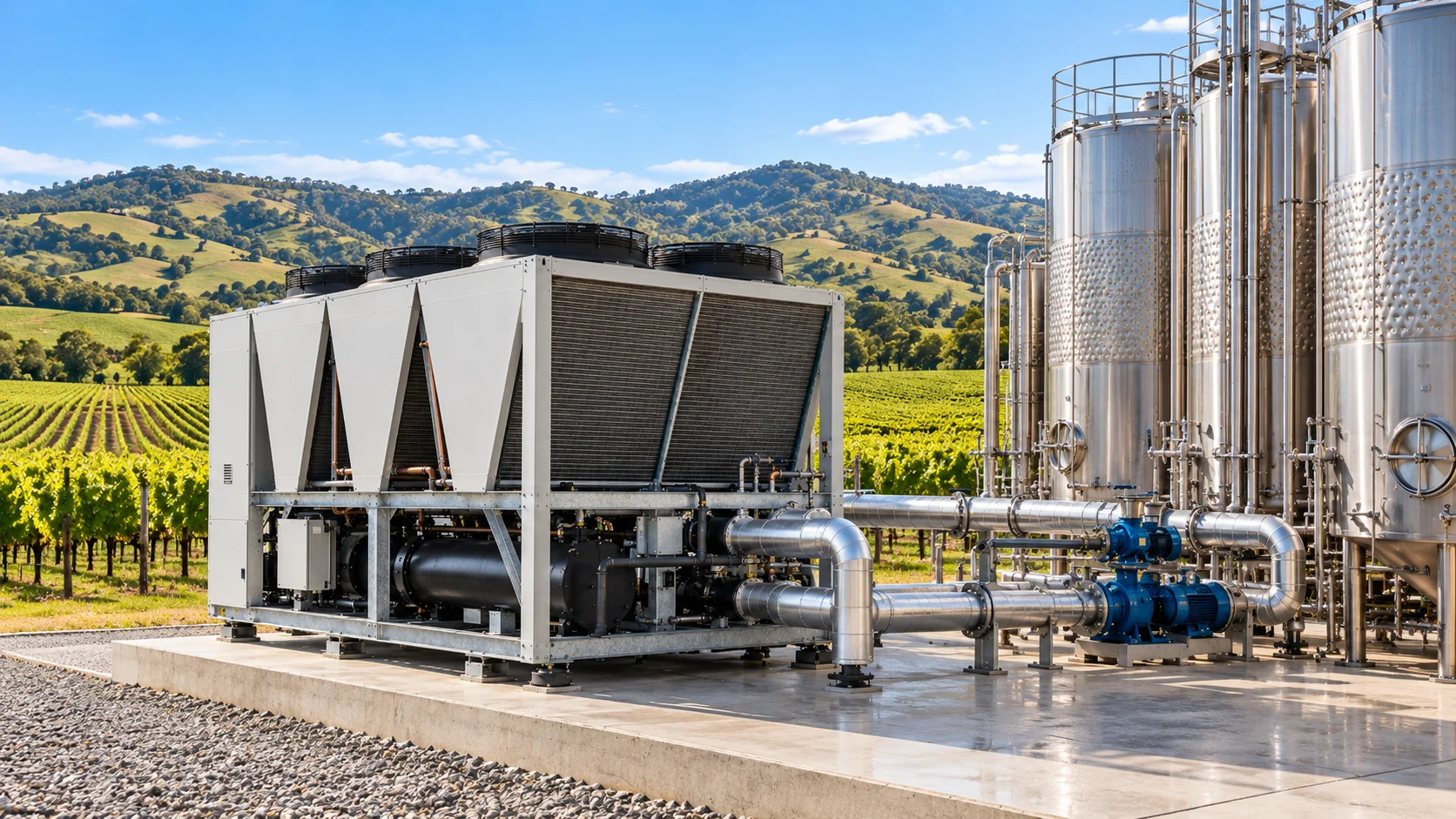 Illustrative V-bank glycol chiller with blue circulation pumps, stainless winery tanks and vineyard rows