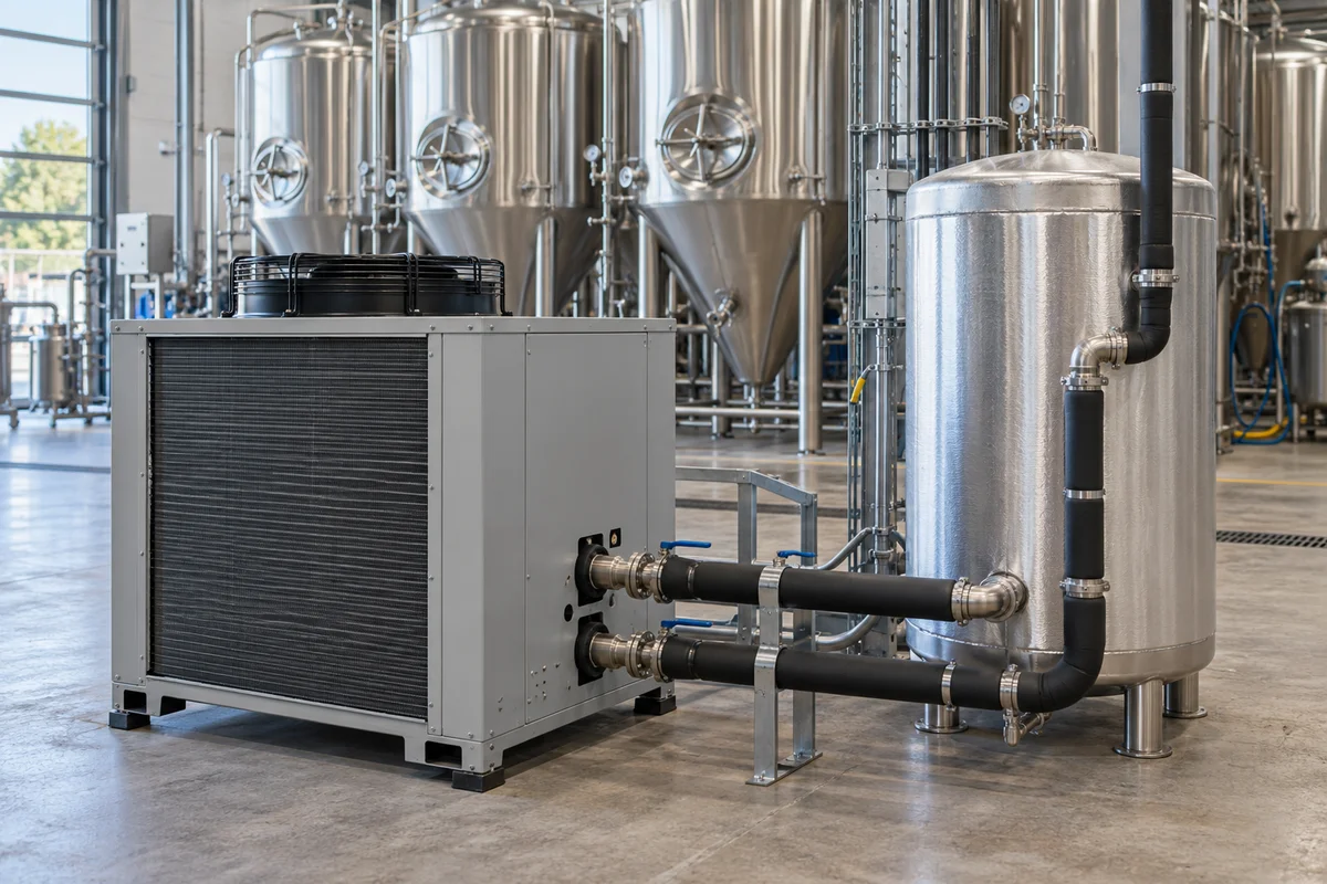 AI-generated illustration of a glycol chiller and buffer tank in a brewery