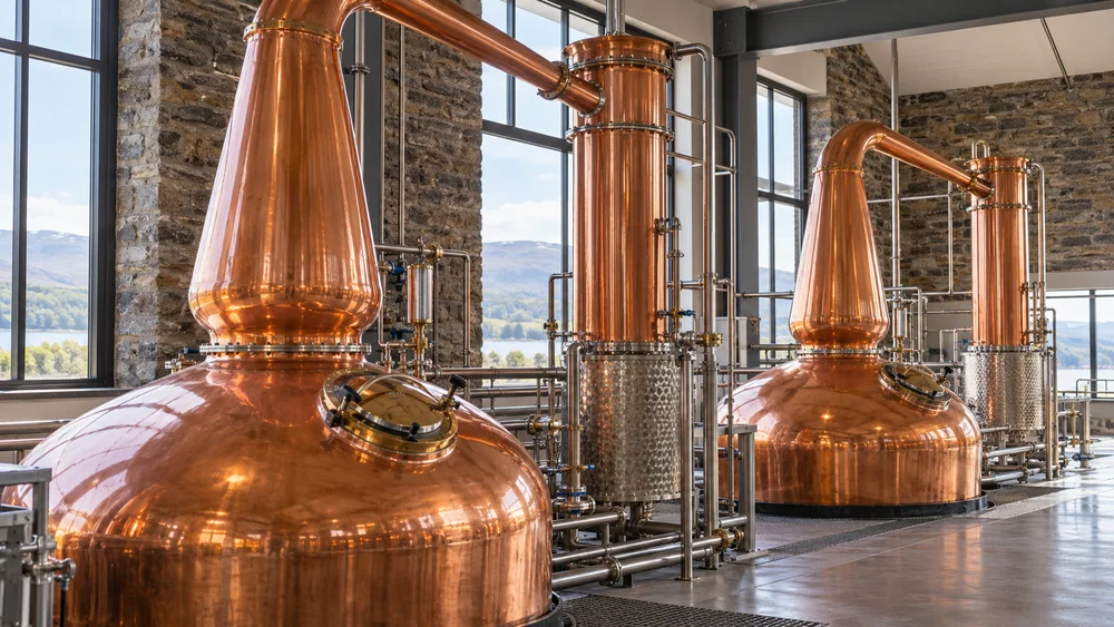 Copper pot stills in a distillery