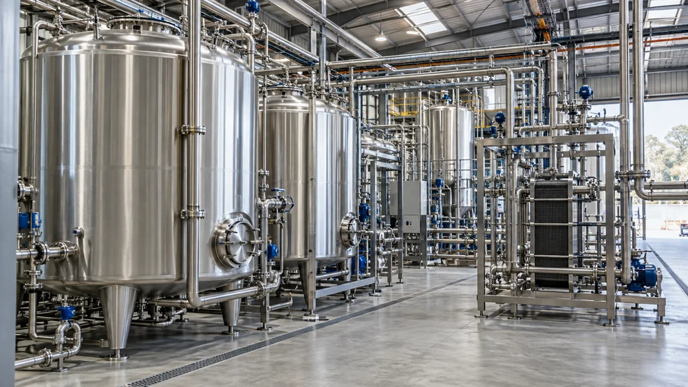 Stainless process vessels and pipework in a manufacturing plant