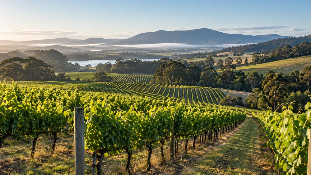 Vineyard rows on rolling hills
